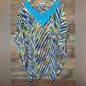 Trina Turk Anissa Caftan Multi-Colored Animal Print w/ Crochet Appliqué size 6